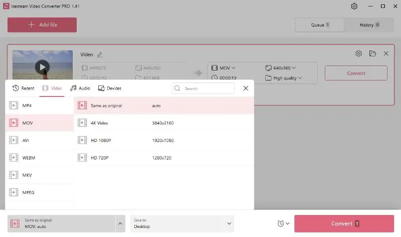Set MTS to MOV settings 1